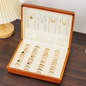 Ring Organizer Display Case, Soild Wood Cufflink Box with Velvet Lining, Wooden Jewelry Case for Rings Earrings Cuff link Stackable Vintage Gift for Men Women - Beige