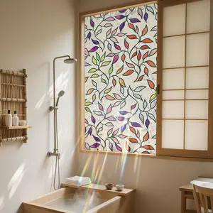3D Colorful Leaf Pattern Window Privacy Film, 1 Piece UV Printing Static Cling Window Film, Reusable Window Sticker for Home and Office, Decor, Floral Pattern Sticker, Flower Design