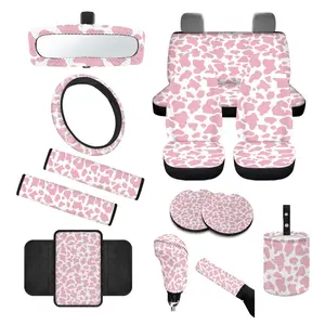 Pink Cow Car Seat Cover Set,Valentine's gift for Women, with Steering Wheel Seat Belt Strap Pad Handbrake Gear Shift Knob Armrest Rearview Mirror Cover Waste Bin Coasters, 14 PCS Girly Car Accessories