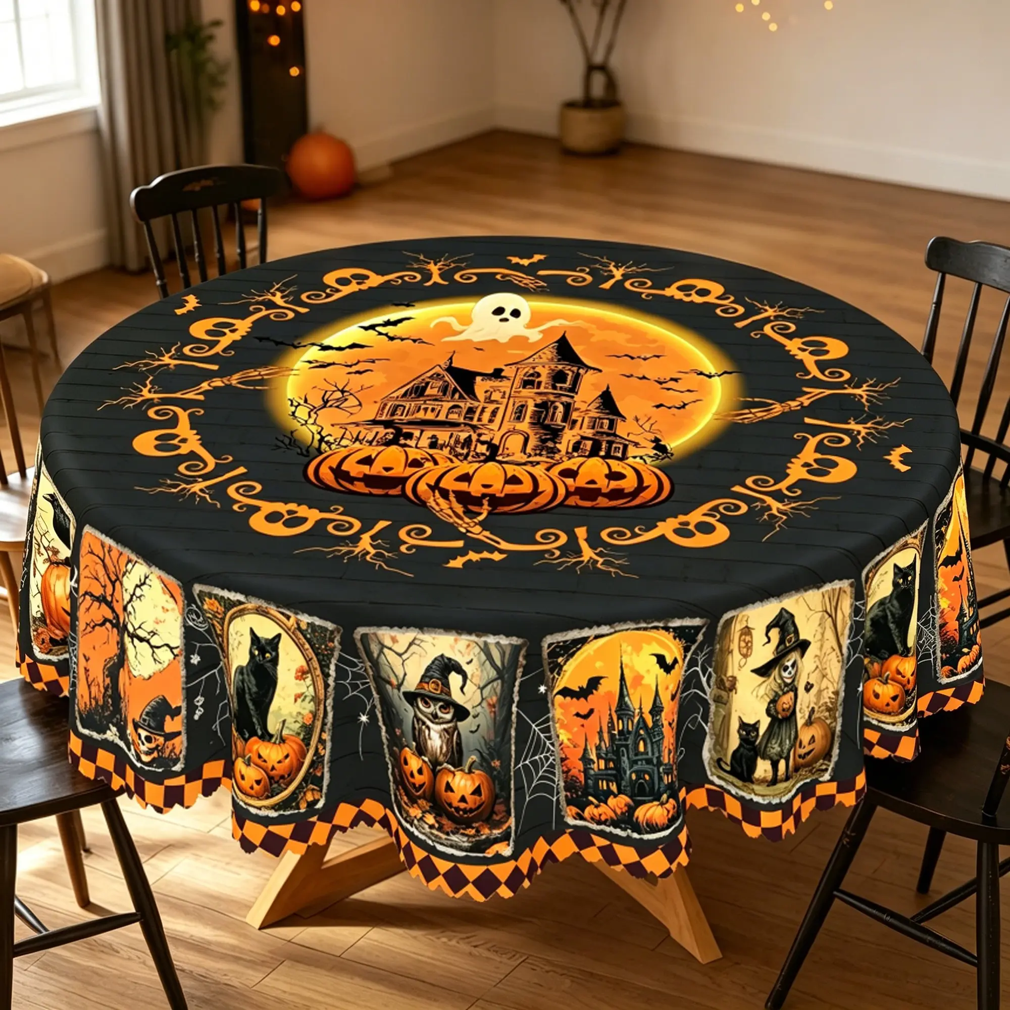 BLIOWL Vintage Halloween Round Polyester Tablecloth, Haunted House Ghost Pumpkin Black Cat Owl Witch Print Waterproof Wrinkle Resistant Table Cover, Spooky Holiday Table Decor For Halloween Dinner Party Home Kitchen