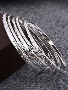 Fashionable Silver Color Bracelet Set, Geometric Circle Pattern, Elegant Plain Design, All Seasons Accessory, Plated with Precious Metal, Stackable Bracelets
