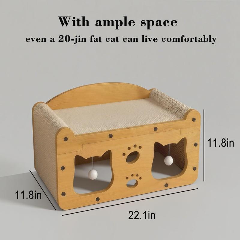 Durable Multi-Functional Cat House Box with Scratching Bed, 3-In-1 Play House With Hideout Caves and Hanging Ball Toys for Cat/Kitty
