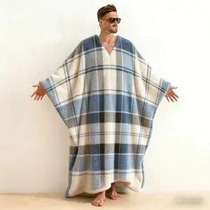 Men's V-Neck Plaid Print Flannel Kaftan Robe, Classic Checkered Pattern Brushed Cotton Long Sleeve Open Front Loungewear, Soft Warm Hoodless Bathrobe for Cabin Retreat & Home Relaxation, Gift for Him