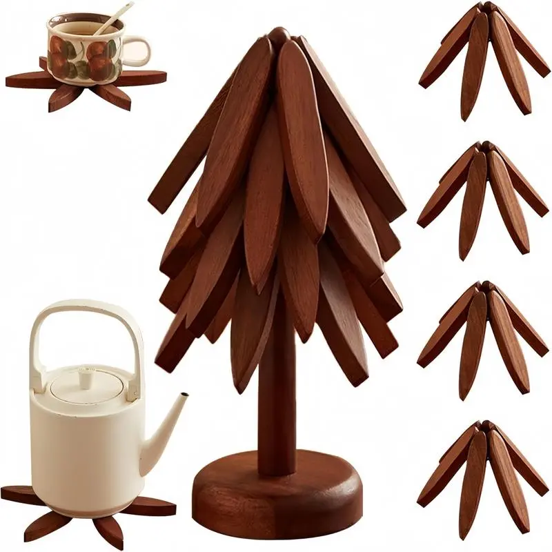 Natural Tree Trivet Set - 4 Wooden Trivets & 1 Stand - Heat-Resistant Foldable Design - Durable & High-Quality Solid Wood - Ideal for Hot Dishes, Pots, Bowls, Teapots - Kitchenware & Tableware Coasters, Coffee Table Mat