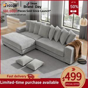 Niccae 111-inch Modern L-Shaped Sofa with Recliner Extra-Wide Lounge Corduroy Loveseat 8 Free Pillows for Home Living Room or Apartment