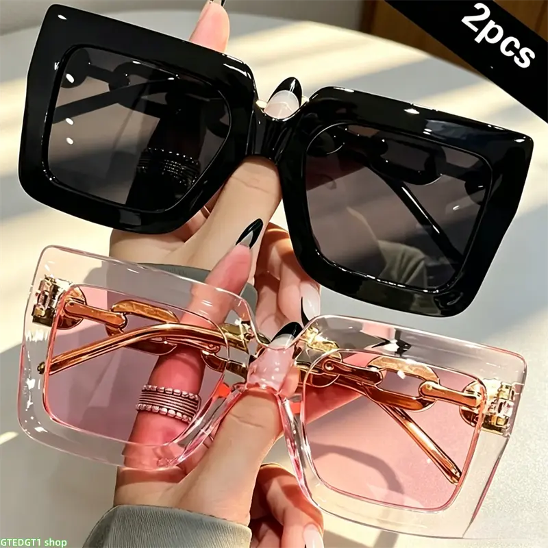 Women's 2-Pack Large Square Trendy Sunglasses - Female Eyewear with Metal Chain Arms, Thick Glossy Frame, Gradient Tinted Lenses, UV Protection for Beach Trip, Daily Wear