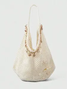 Vacation style fashion atmosphere hollow woven tote bag, large capacity design, shell, starfish, tassel decoration, wide shoulder strap, sweet and casual style, suitable for beach vacation and outdoor play, Handbag tote bag