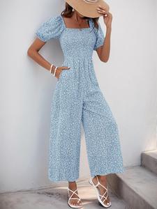 women's ditsy floral print jumpsuit, boho casual shortsleeve jumpsuit for beach vacation holiday, ladies summer clothes, bohemian womenswear, colorblock print jumpsuit, casual fit jumpsuit, hippie summer jumpsuit, casual jumpsuits