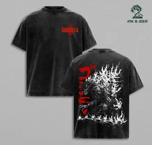 Godzilla Retro Vintage Oversized Washed T-Shirt Hoodie – Unisex Heavyweight Cotton Streetwear Pullover, Classic Movie Fan Hoodie, Gift for Men