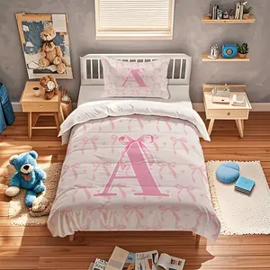 2/3 Pcs Personalized Letter Bow Print Comforter Set, Pink Bow A-Z Monogram Styles, Soft Breathable Skin-Friendly, Bedding Set for Teens & Adults, Ideal Gift Choice (No Filler, No Pillow Insert)