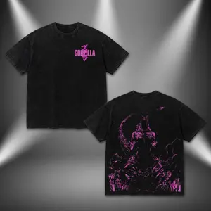 Vintage Acid Wash Godzilla Graphic T-Shirt | Retro Kaiju Monster Pink Neon Bootleg Tee | Godzilla Logo Front & King of Monsters Large Back Print | Oversized Heavyweight Streetwear Men Women Y2K Apparel