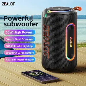 60W【ZEALOT】Portable wireless speaker, Bluetooth high fidelity sound and audio,RGB ambient light,outdoor IPX6 waterproof, TWS pairing, 8000mAh long battery life,supports USB/TF card/AUX/BT smartphones. Ideal choice for family/car/party/camping/gift giving