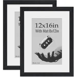 12x16 Picture Frame 2 Pack  Black Oak  Grain with  Glass Displays 8x12 with Mat or 16x12 photo without Mat Tabletop & Wall