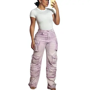 Coquette Washed Denim Cargo Pants for Women - Adjustable Leg, Practical Pockets, Stylish & Comfortable for Casual Wear - Women's Fashion Clothes Jean