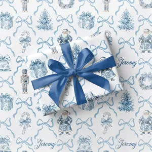 Blue Toile Wrapping Paper Christmas Blue Bow Gift Wrap Personalized Elegant Holiday Wrapping Paper Blue Nutcracker Gift Wrap First Christmas