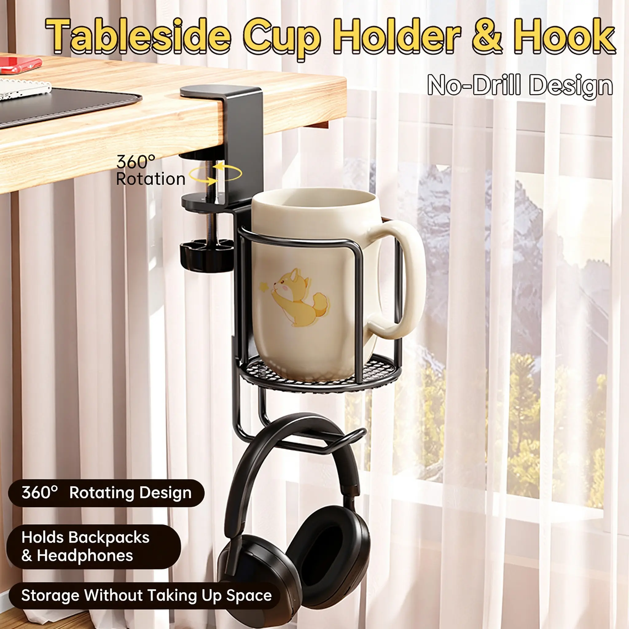 2 in 1 Desk Cup Holder with Headphone Hanger – Clamp on Table (Rotating) Reinforced bottom hook supports 5.5 lbs, metal build with rubber coating, scratch-free non-slip, clamp-on desk design