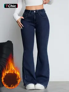 Women's Fleece Lined Thick Denim Flared Pants, Woven Comfortable Winter Fashion Jeans, Elegant Plain Design, All Seasons Wear