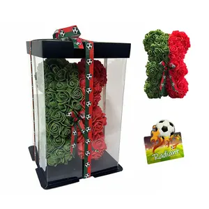 3pcs Football Party Centerpiece Rose Bear Decorations, Eternal Flowers, Transparent Box, Perfect for Sports Bar Decoration