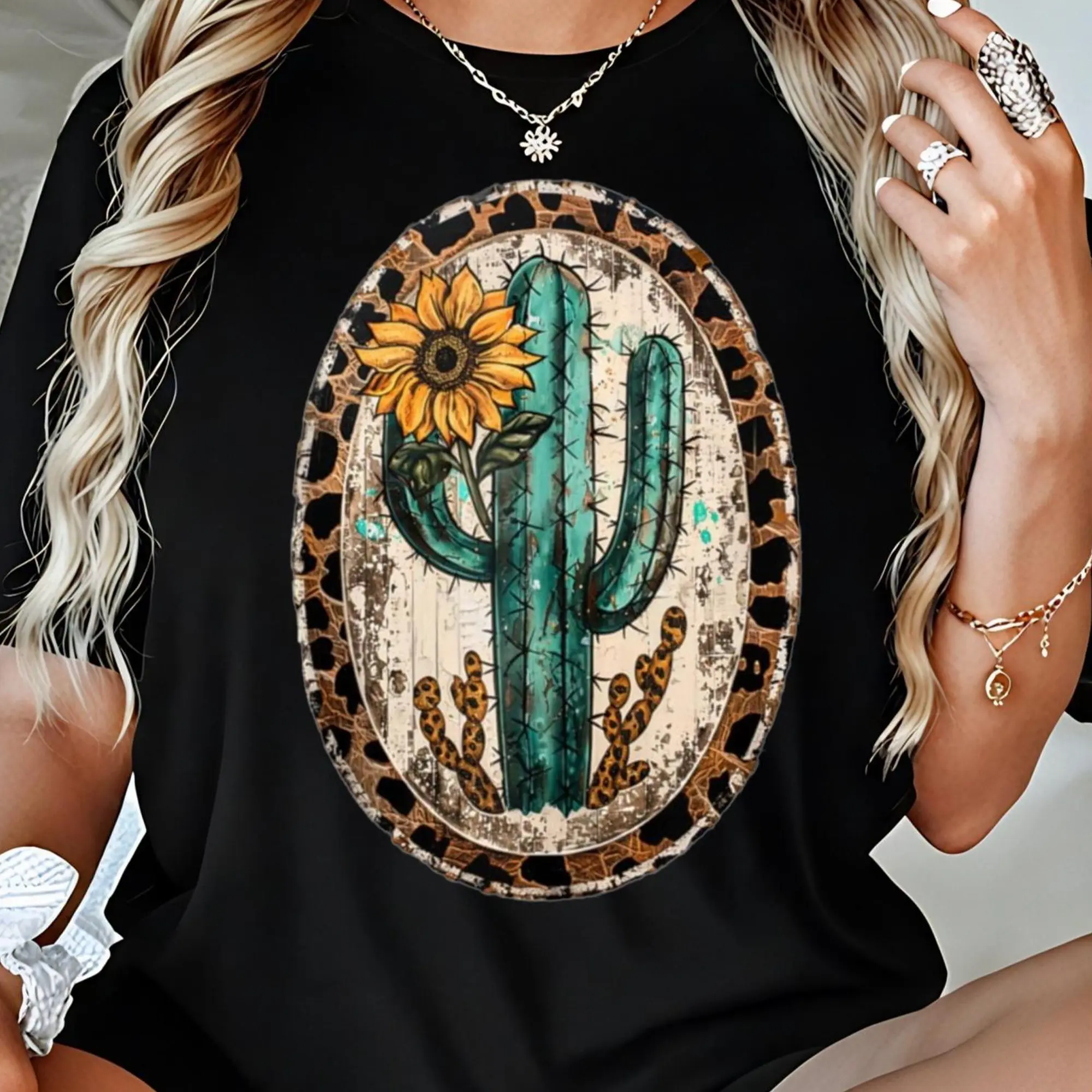 Women's Vintage Western Fitted Short-Sleeve Round Neck Graphic T-Shirt - Casual Everyday Figure-Flattering Top with Turquoise, Teal, Cactus, Sunflower, Leopard Digital Prints for Halloween, Holiday (Vintage Chic), Shortsleeve, Wedding, Thanksgiving, Easte