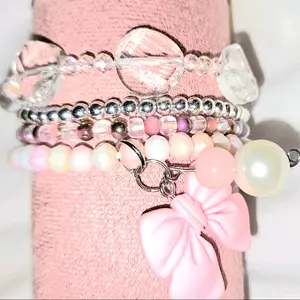 Pink Bow Crystal Agate Faceted Beads Acrylic Bow Bracelet Set with Pearl Accents and Silver Tone Beads