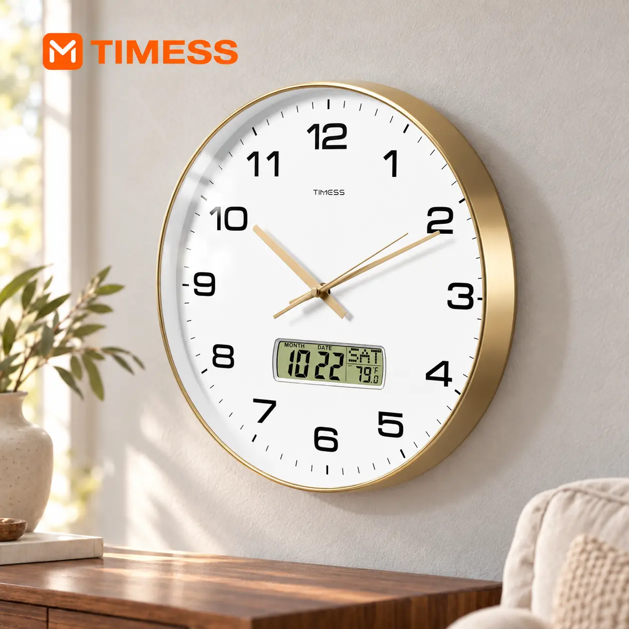 TIMESS Wall Clock, 10-14" Large Dial Non-Ticking Silent Battery Operated Analog with LCD Display for Perpetual Calendar and F° Temperature, Ideal Modern Home, Bedroom, Kitchen, Office Decor