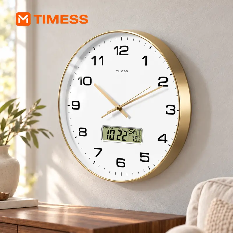 TIMESS Wall Clock, 10-14" Large Dial Non-Ticking Silent Battery Operated Analog with LCD Display for Perpetual Calendar and F° Temperature, Ideal Modern Home, Bedroom, Kitchen, Office Decor