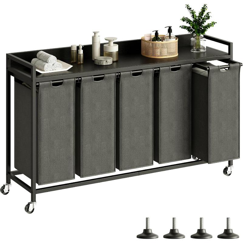 Laundry Hampers with Shelf, Laundry Basket 3 Section, Laundry Sorter with Pull-Out Removable Large 3 Color Bags and Movable Wheels, Metal Frame, 3 x 15.87 Gallons (60L), Rustic Brown PF04XLN