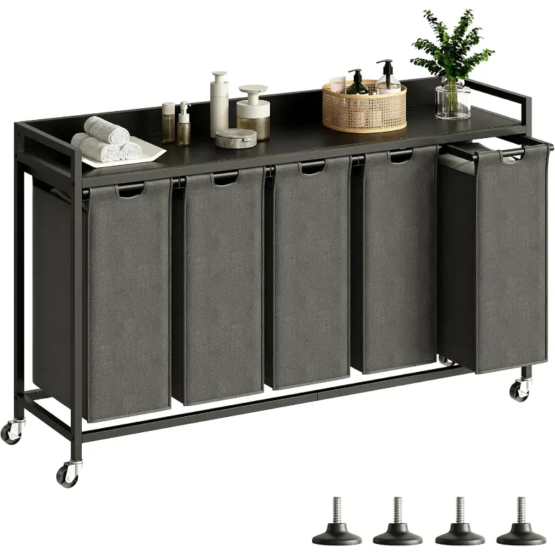 Laundry Hampers with Shelf, Laundry Basket 3 Section, Laundry Sorter with Pull-Out Removable Large 3 Color Bags and Movable Wheels, Metal Frame, 3 x 15.87 Gallons (60L), Rustic Brown PF04XLN