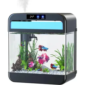 Fish Tank 2.2 Gallon Fish Bowl With Humidifier 7 Color Auto-Looping Light 3 In 1 Quiet Pump With Filteration & Oxygenation & Circulation, Temperature Display, HD Float Glass, Thickened Base