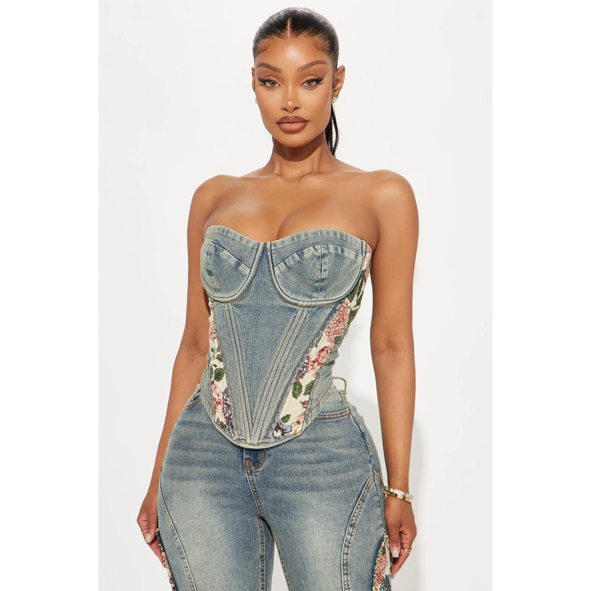 Amari Floral Denim Corset Top - Vintage Wash