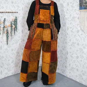 Patchwork Corduroy Wide Leg Jumpsuit,Fall Winter Boho Hippie Overalls, Oversized Handmade Dungarees, Boho Patch Unique Jumpsuit, Earthy Color