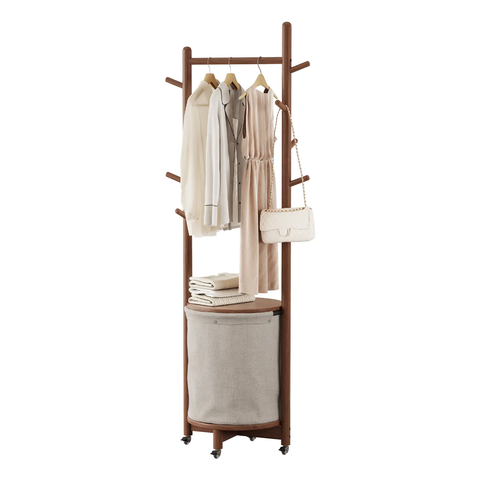 CycleCrew Solid Wood Coat Rack with Fabric Basket - Coat Hanger Stand Coat Tree Rack Freestanding with 9 Hooks Wheels, Small Clothes Rack For Entryway Bedroom Hallway Living Room