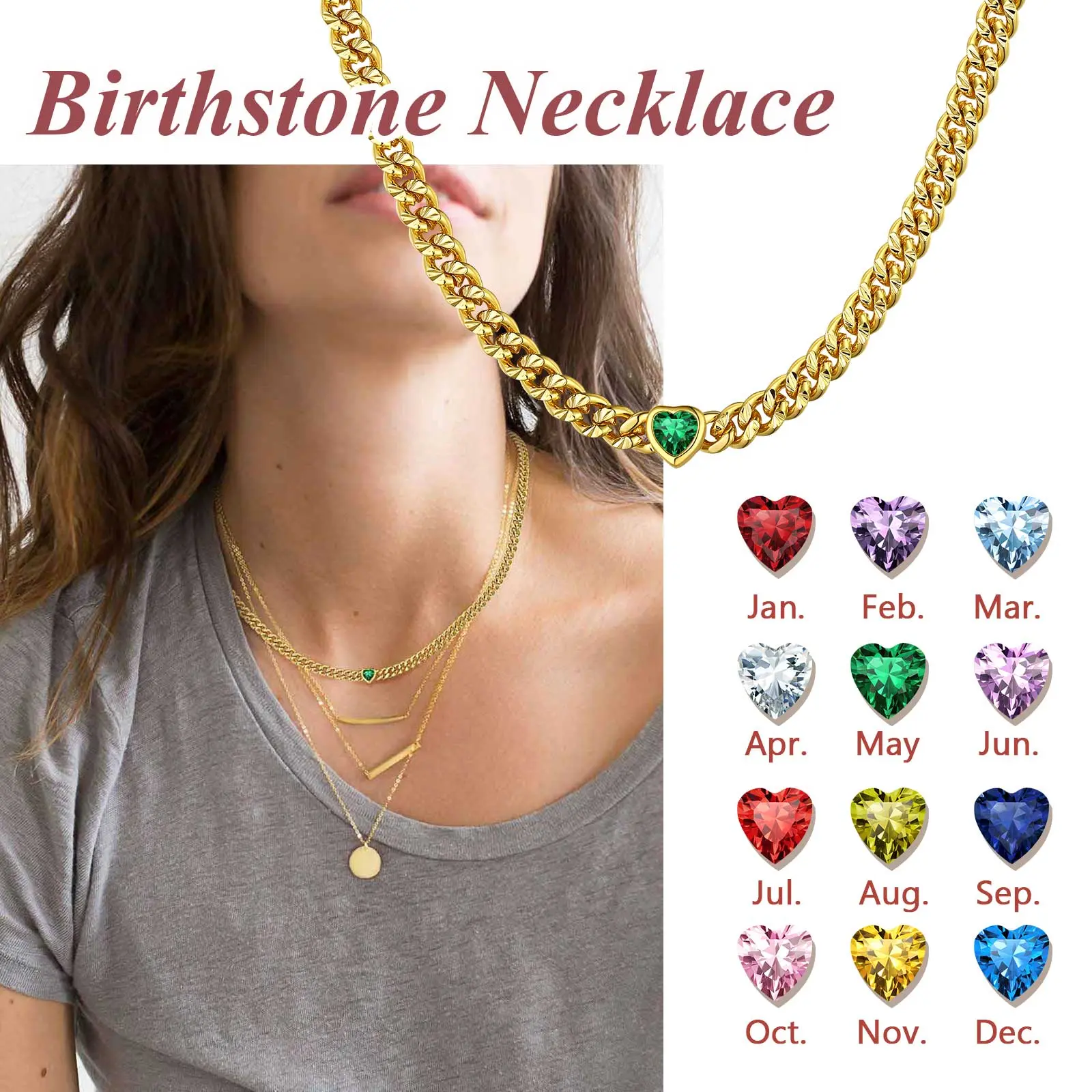 FindChic Heart Shape Birthstone Choker Cuban Chain Cubic Zirconia Curb Chain 12 Months Custom Gemstone Necklaces For Women Men