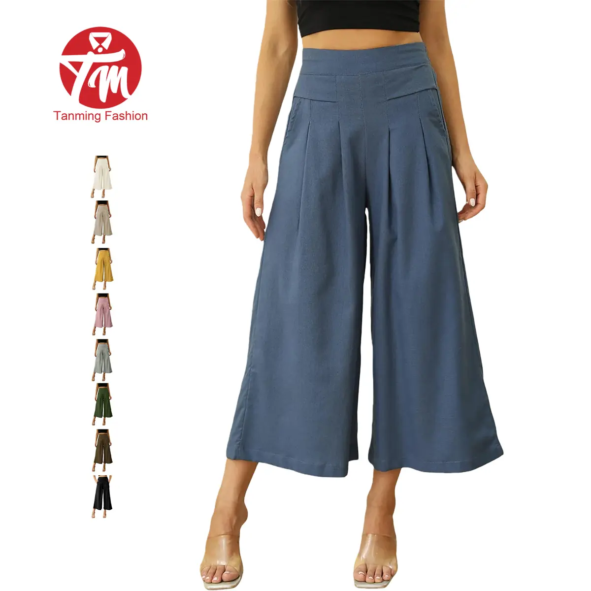 Tanming Women's Cotton Linen Wide Leg Culottes Bottoms - Elastic Waist, Pockets, Minimalist Basic Casual Women's Clothes Capri Pants,summerwins,summeroutfits,vacationoutfits,beachoutfits