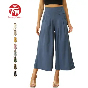 Tanming Women's Cotton Linen Culottes Pants Elastic Waist Wide Leg Palazzo Trousers Capri Pants with Pockets