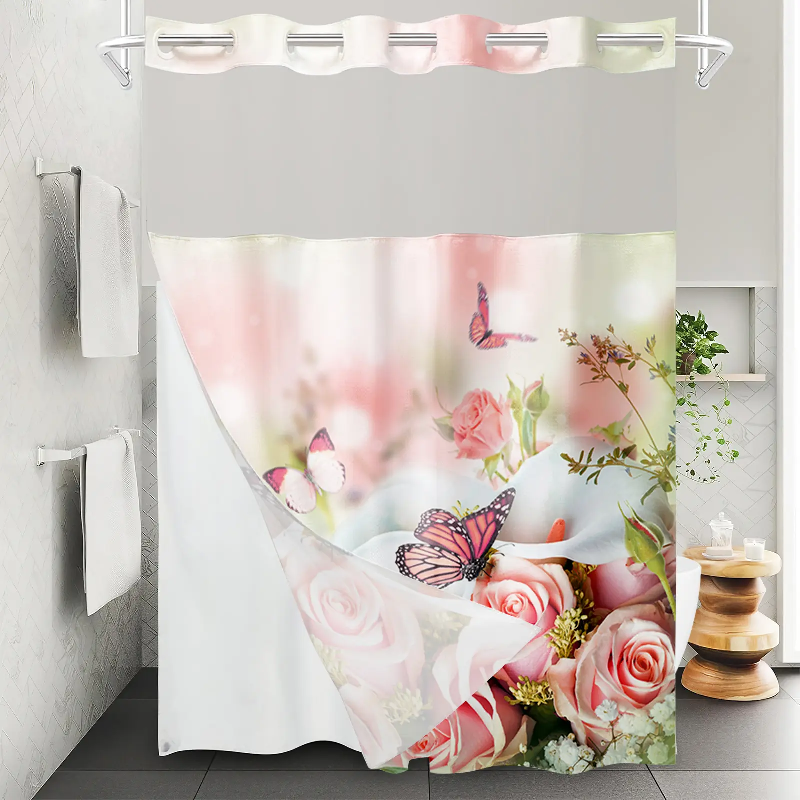 Modern Hookless Bathroom Curtains Shower Set - Straight Design with Snap Buttons, 3D Digital Print Waterproof Polyester Panel Curtain, Embedded Liner, Hanging Bathroom Partition Solution, Shower Curtains