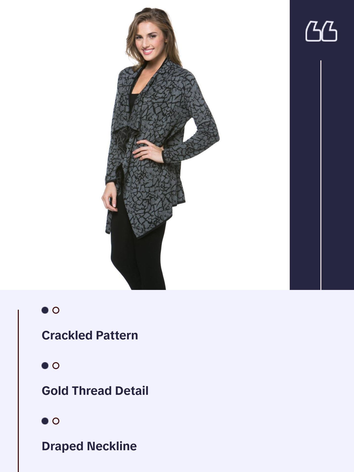 CRD-02352 Women's Knitted Cracked Print Draped Open Front Cardigan