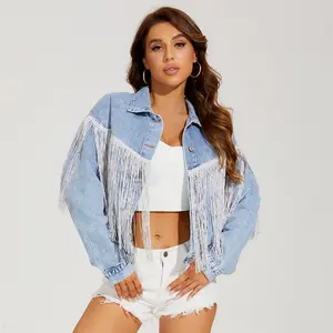 Verve Denim Fringe Patchwork Decor Denim Jacket, Long Sleeves Single Breasted Button Lapel Denim Coat, Women's Denim Clothing - Perfect for Carnaval Music Festival