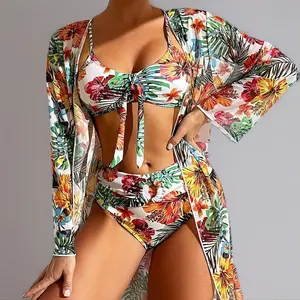 Women's 3-Piece Nylon Underwired Tropical Print Bikini Outfits - Knot Front Top, O-Ring Ruched Bottom, Long Sleeve Boho Cover Up, UV Protective Summer Beach Swim Set