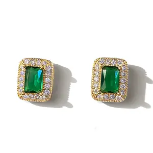 Luxury Golden Green Crystal Stud Earrings for Women, Sparkly Rectangle CZ Halo Earrings, Elegant Gem Look Jewelry, Chic Everyday Party Gift Accessory
