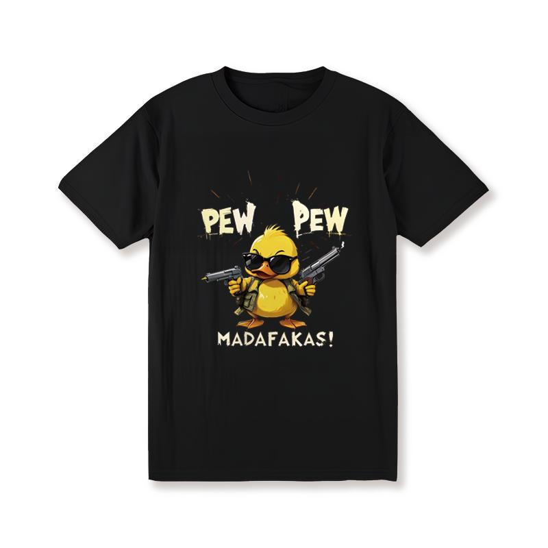[Moisture Wicking Fabric] Men'S "PEW PEW" Cool Duck Graphic T-Shirt - Casual Black Round Neck Short Sleeve Tee , Breathable & Moisture-Wicking Cotton, Perfect For Summer Outdoor Fun Oversized graphic tee men cotton