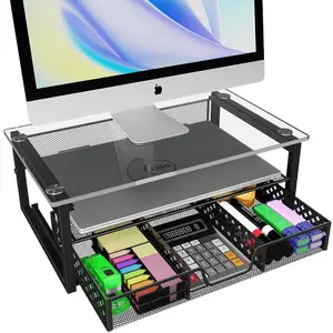 Simple Trending 2-Tier Glass Metal Monitor Stand, Computer Desk Organizer with Drawer for Laptop, Computer, iMac, Storable K-Cups, Black