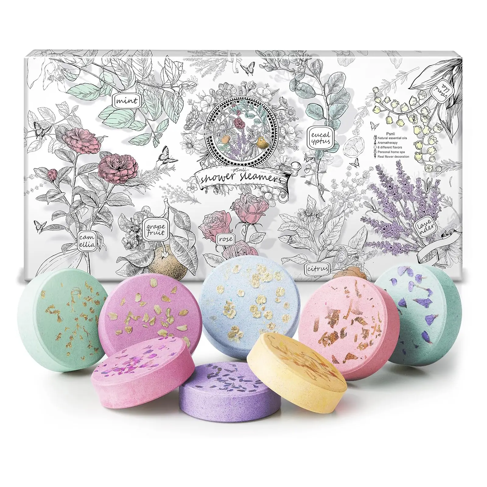 Relaxation Gifts PSNLI 8 Scents Shower Steamer Natural Essential Oil with Eucalyptus Mint Lavender Rose Camellia Grapefruit Citrus Vanilla for Aromatherapy Home Spa Self Care Relaxation Stress Relief Luxurious Bath & Shower Soothing Scented