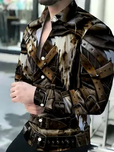 Men's Breathable Lapel Long Sleeve Button-Down Shirt with Leather Straps & Buckles Print