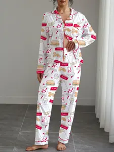 Women's Autumn Winter Pajama Set, Burger Print Sleepwear, Shirt Collar Button Front Long Sleeve Top & Elastic Pants, Casual Home Wear