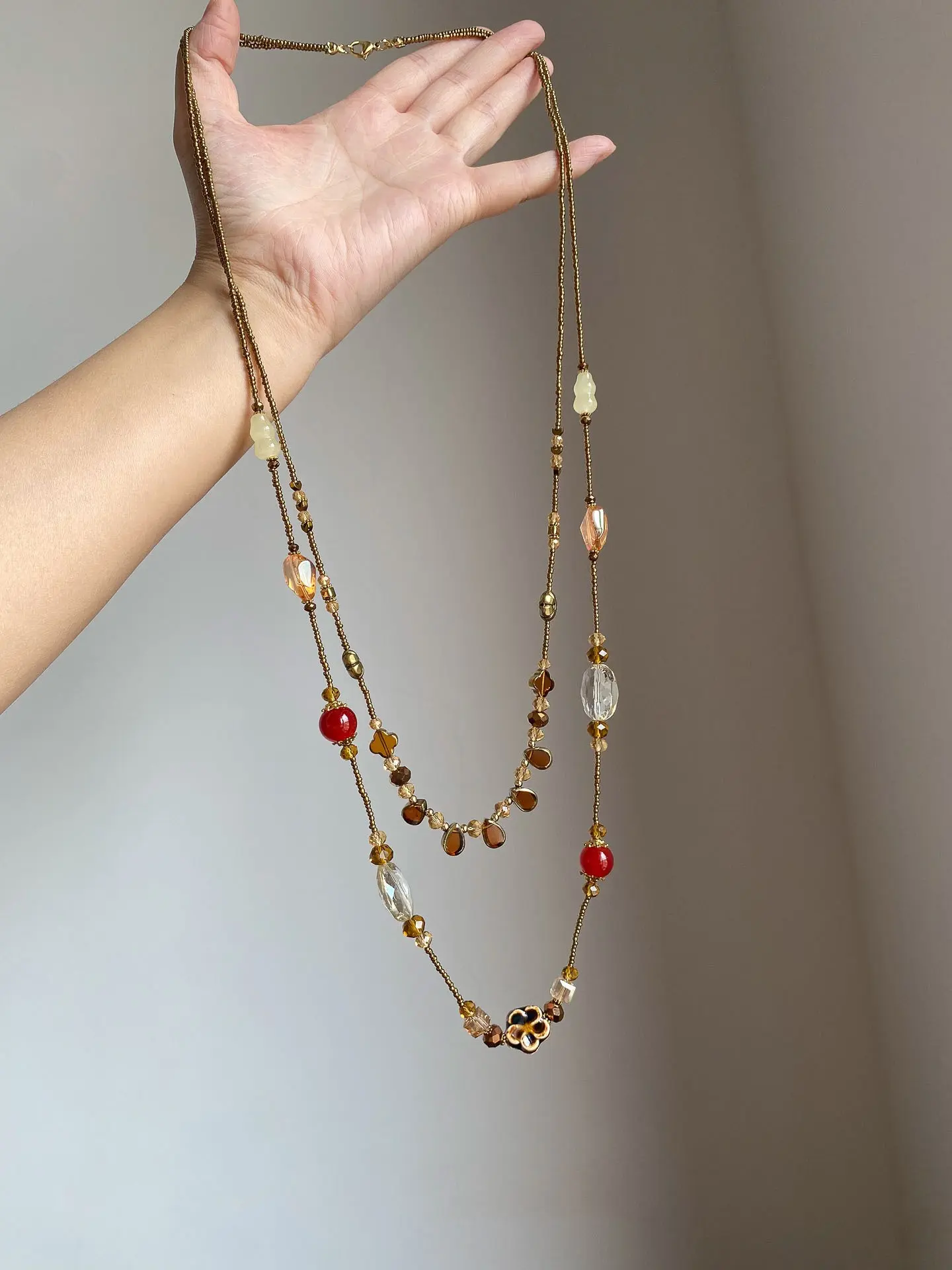 Women's Bohemian Aesthetic Double Layer Beaded Necklace, Stainless Steel, Crystal, Jade, Beads, Heart Pattern, Punk Style, All Seasons, Perfect for Daily Wear, Versatile Accessory