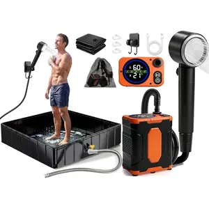 2026 Upgraded Portable Camping Shower, 10000mAh Rechargeable 5-Spray Shower Pump with Portable Shower Pan, Drain Hose & Camp Shower Floor for Outdoor Camping Hiking Travel