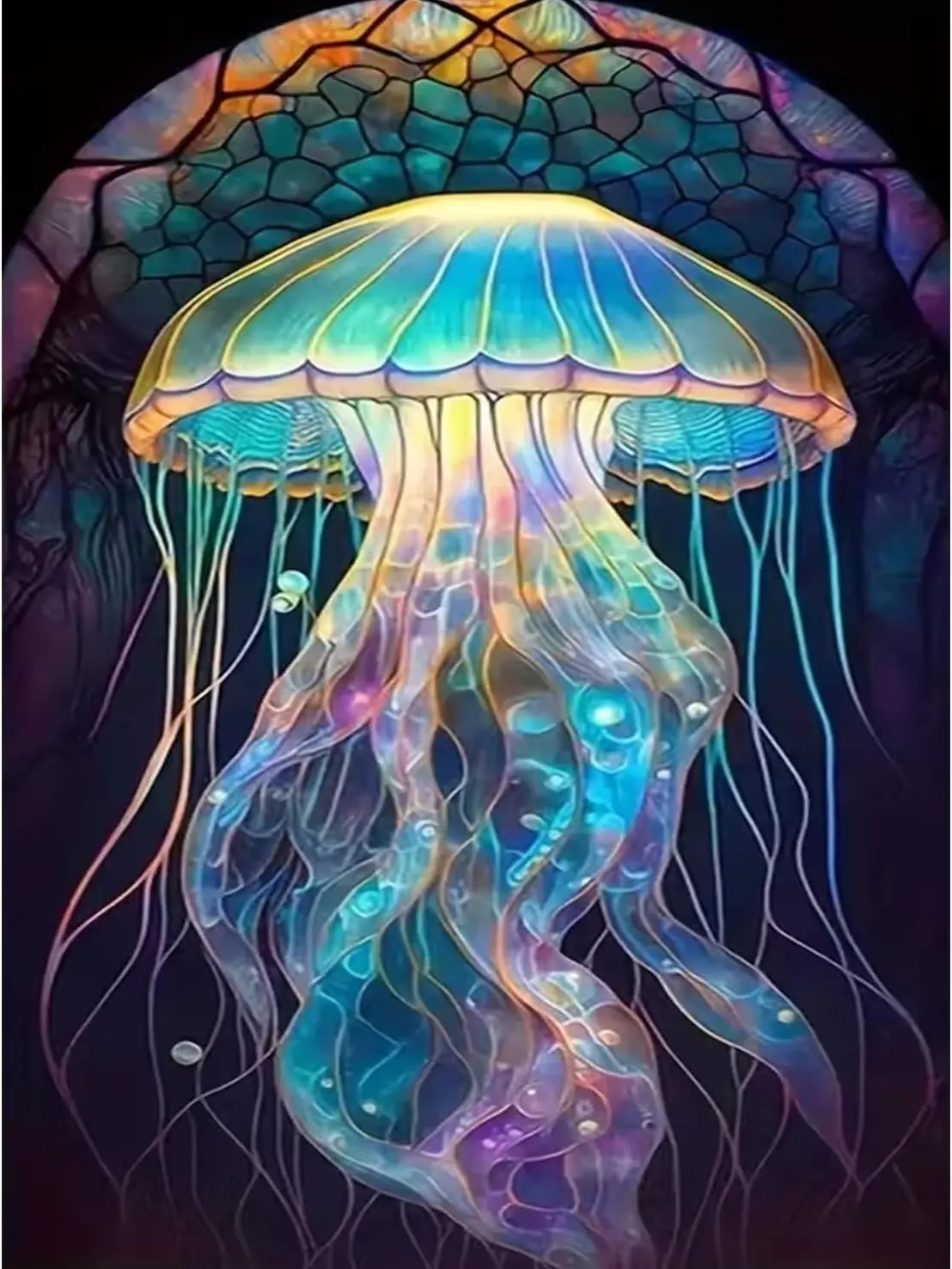 5D Full Drill Diamond Painting, Glowing Stained Glass Style Jellyfish With Vibrant Rainbow Colors Underwater Magical Ocean Aesthetic Wall Decor