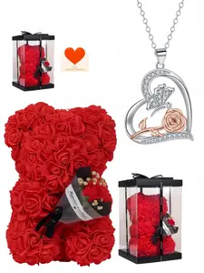 Butterfly & Flower Love Original simple heart rose full diamond gem necklace. Comes with preserved rose teddy bear gift box. Ideal surprise gift for birthdays, Valentine's Day, Mother's Day and Christmas.