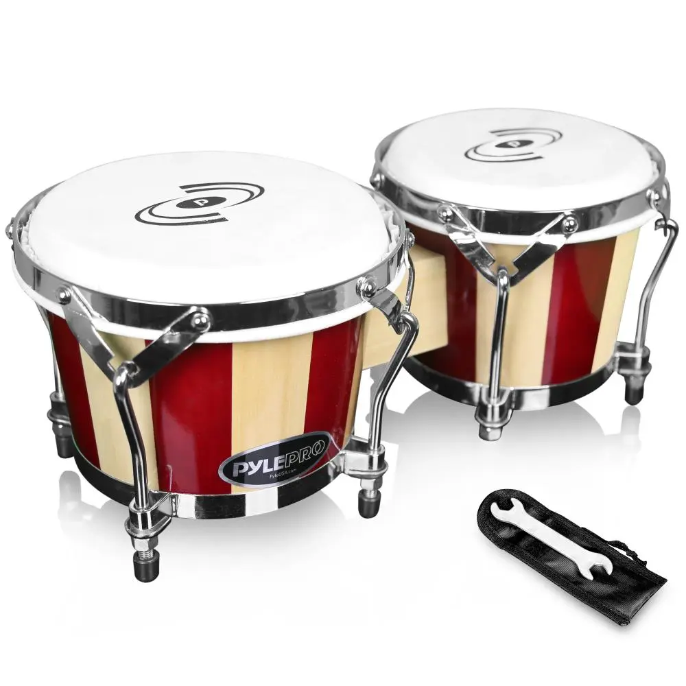 Wooden Shell Bongo Drums - Set of 2 | Handcrafted Hand Percussion Drums with Chrome-Plated Hardware & Tuning Key - Ideal for Beginners & Professionals - Gift for Musicians